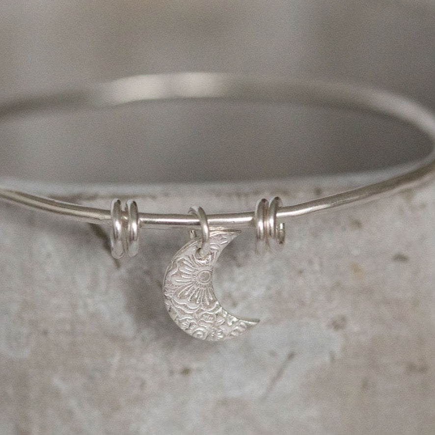 sterling silver textured moon charm bangle handmade by Lucy Kemp Jewellery