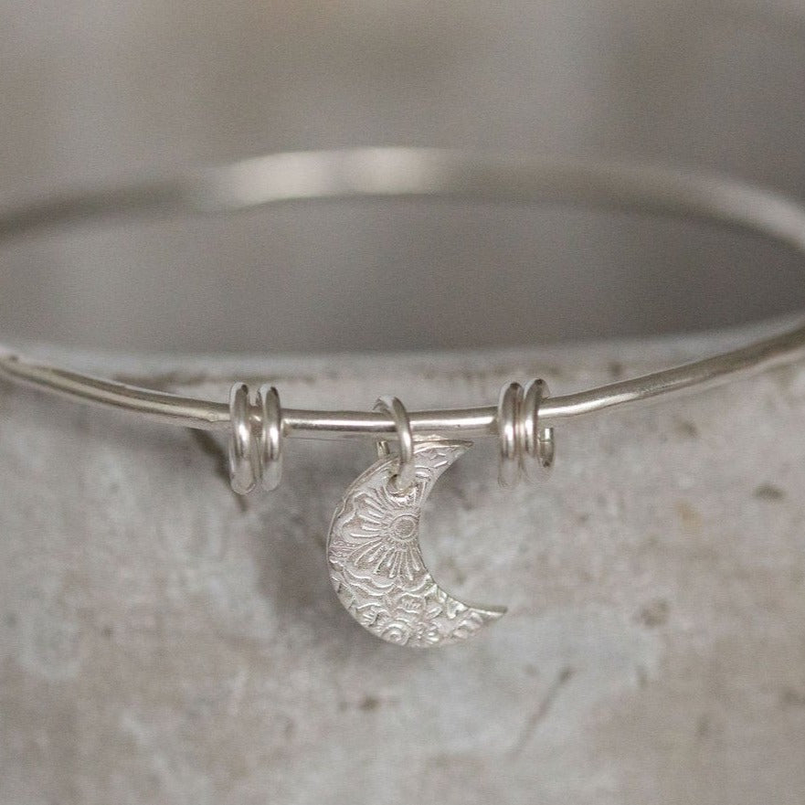 sterling silver textured moon charm bangle handmade by Lucy Kemp Jewellery