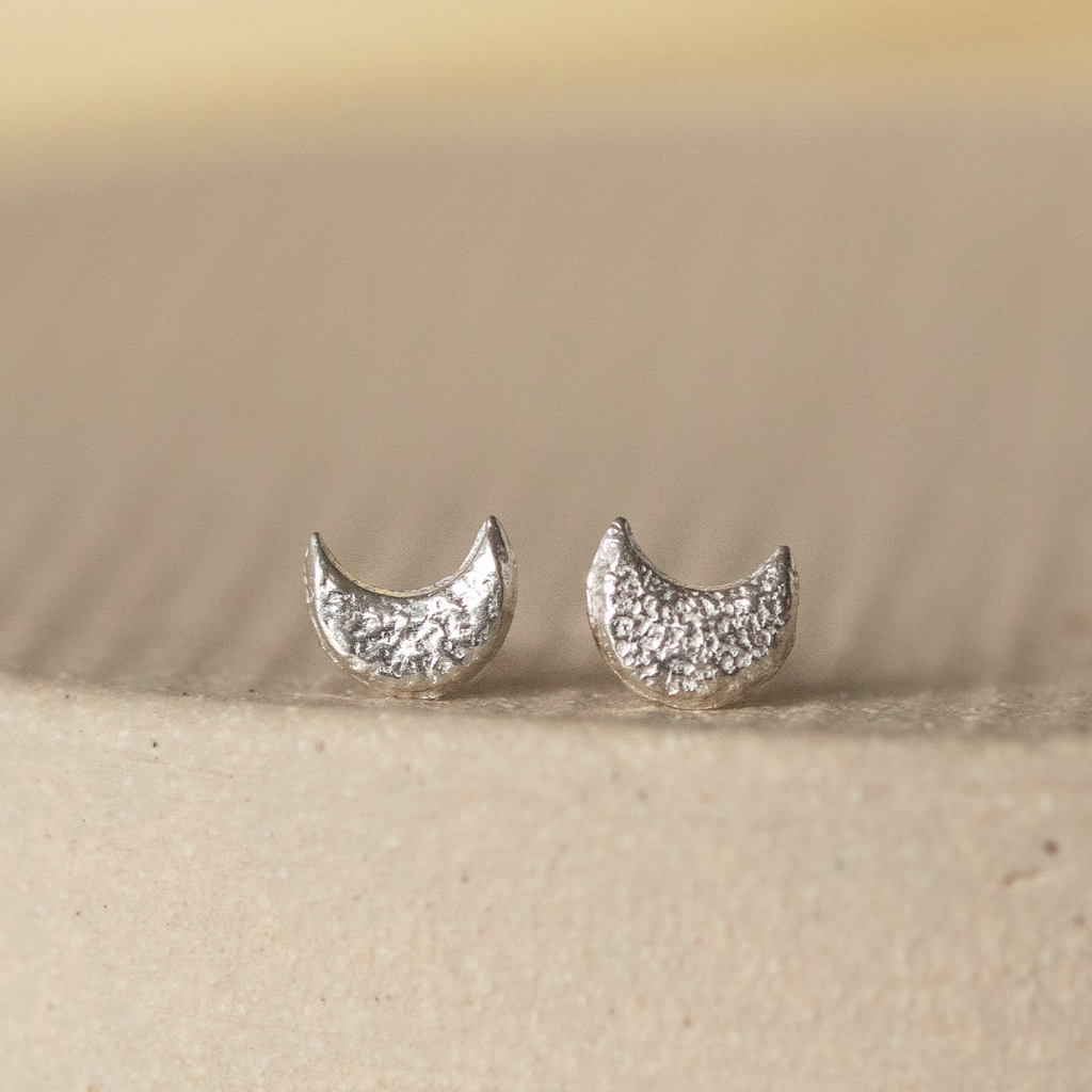 Sterling silver textured mini moon studs by Lucy Kemp Jewellery 