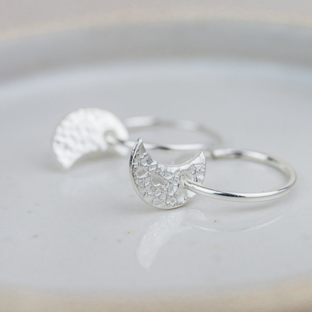 Sterling Silver Textured Moon Charm sleeper Hoops