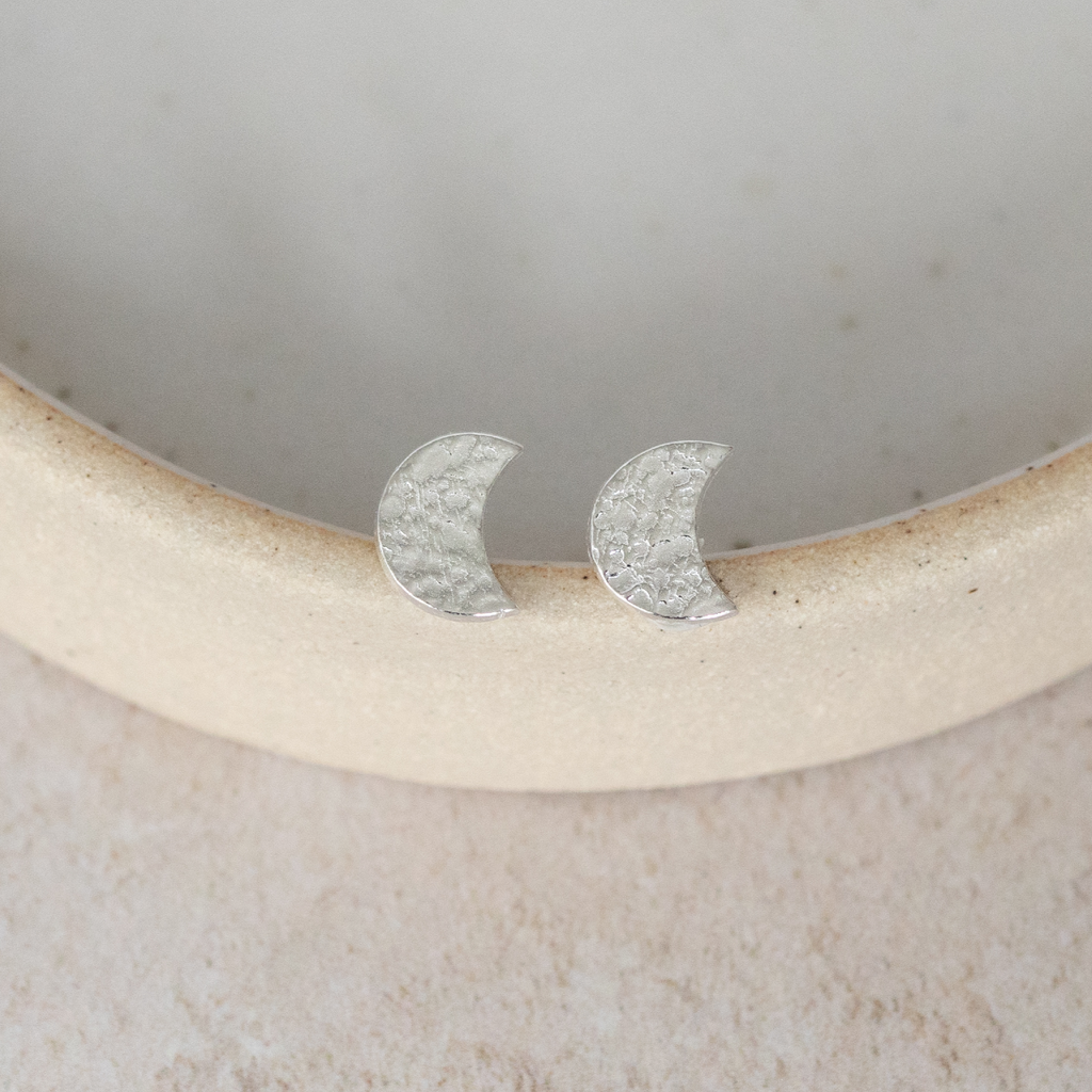 sterling silver textured moon studs by Lucy Kemp Jewellery