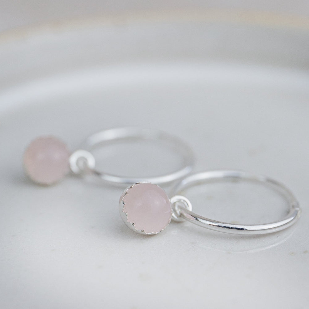 rose quartz sleeper gemstone hoops by Lucy Kemp Jewellery 