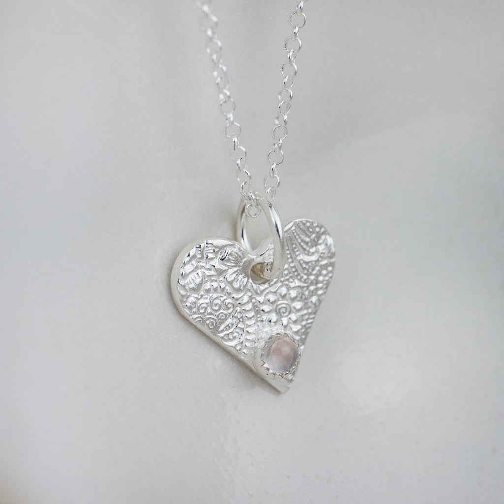 rose quartz heart birthstone pendant by Lucy Kemp jewellery