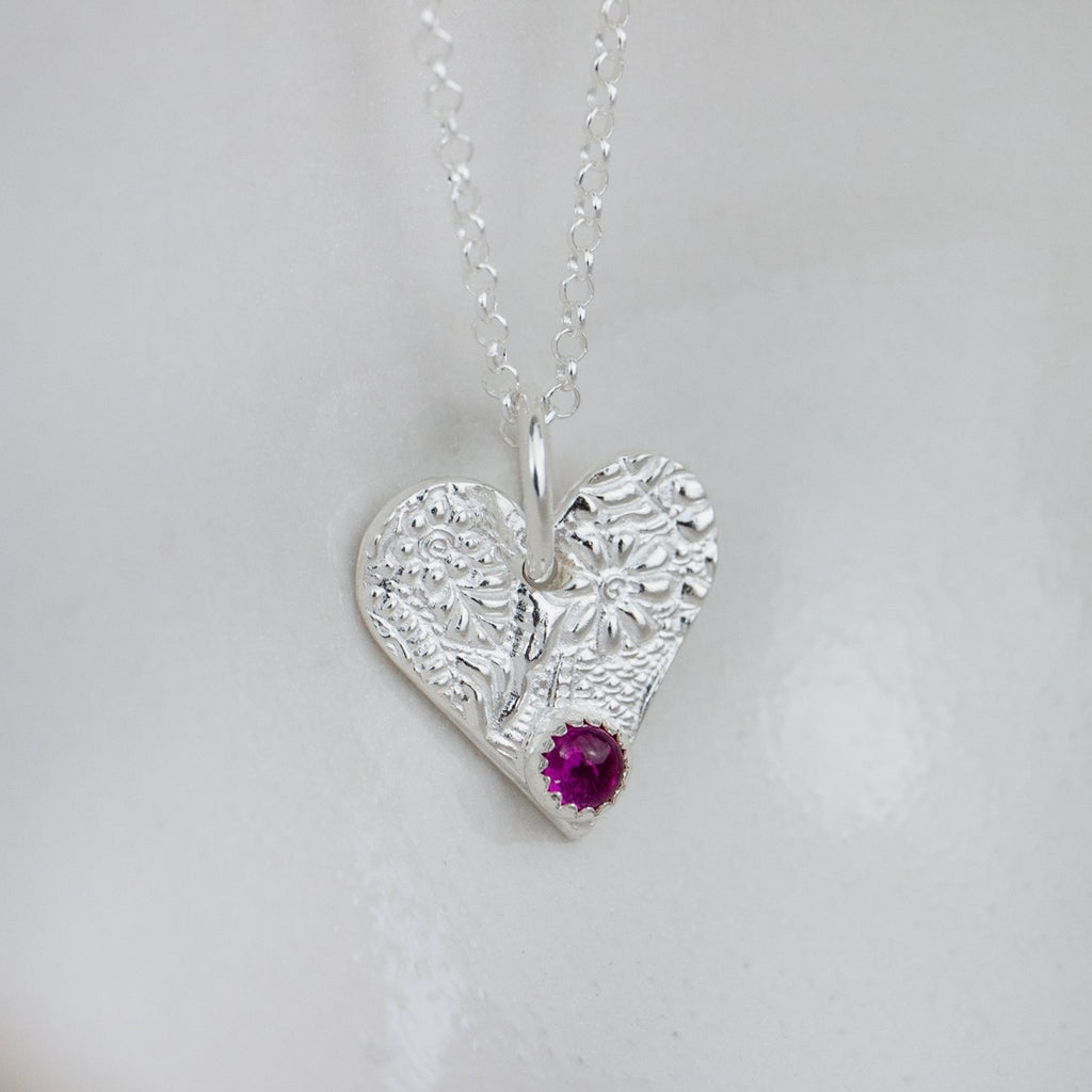 ruby heart birthstone pendant by Lucy Kemp jewellery