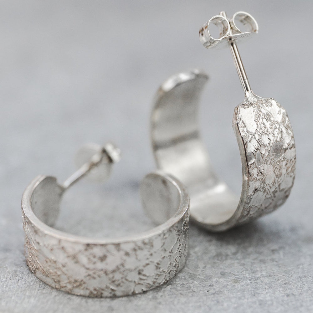 sterling silver marble textured hoops handmade by Lucy Kemp Jewellery