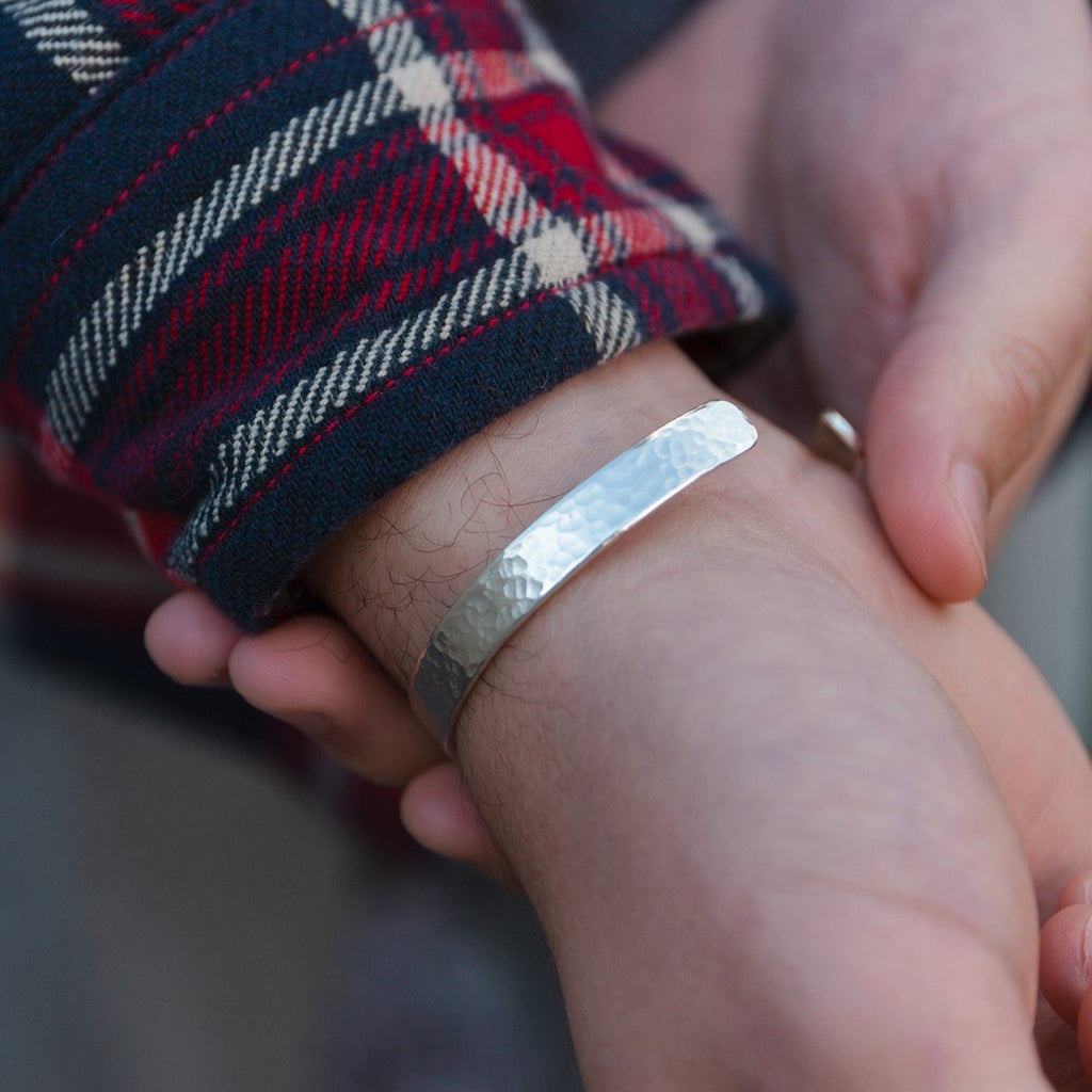 sterling silver personalised engraved cuff for men handmade by Lucy Kemp Jewellery - worn image - inside arm angle