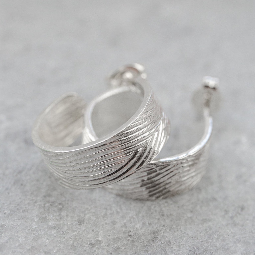 sterling silver wood grain textured thick hoops