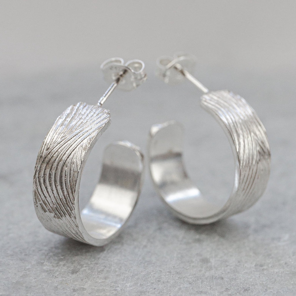 sterling silver wood grain textured thick hoops