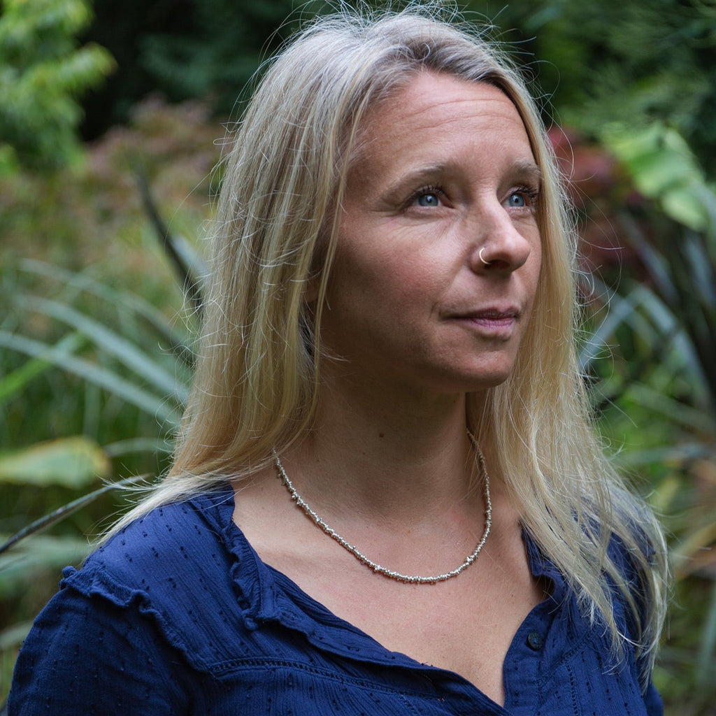 Sterling silver handmade small nugget necklace by Lucy Kemp Jewellery - worn image