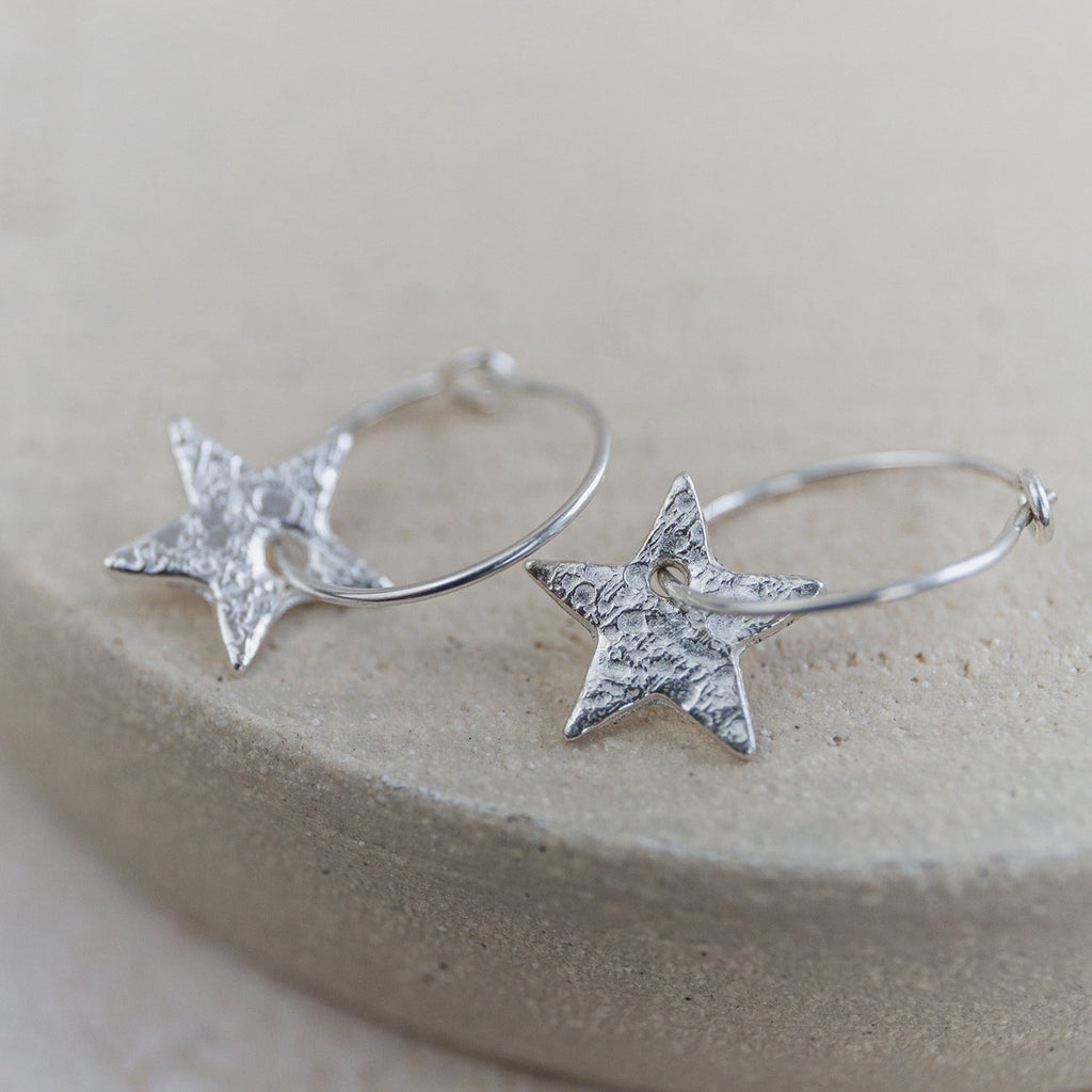 Handmade Lucy Kemp Jewellery Sterling Silver Text Star Charm Hoops