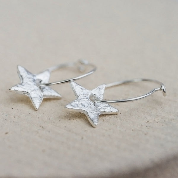 Handmade Lucy Kemp Jewellery Sterling Silver Text Star Charm classic wire Hoops