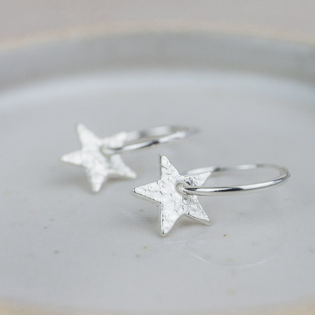 Handmade Lucy Kemp Jewellery Sterling Silver Text Star Charm sleeper Hoops