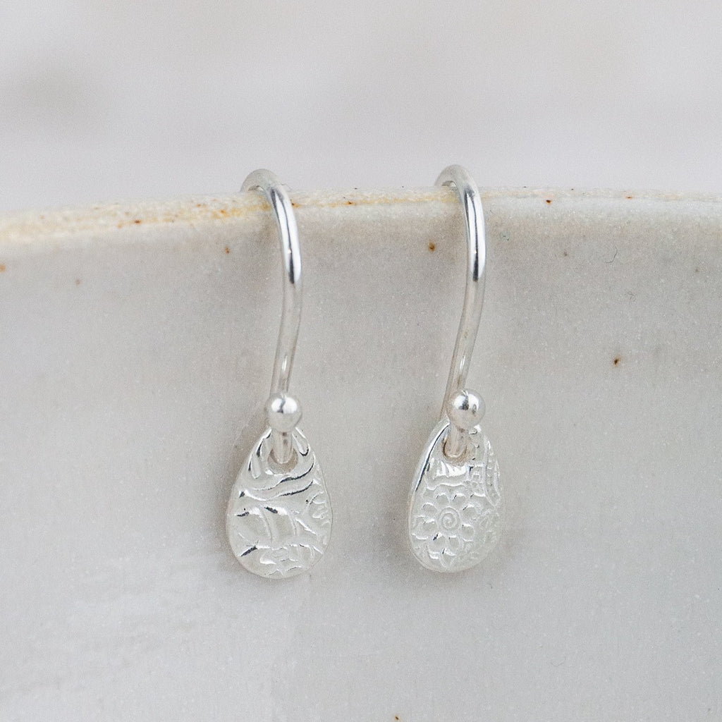 Sterling silver mini textured teardrop earrings by Lucy Kemp Jewellery 