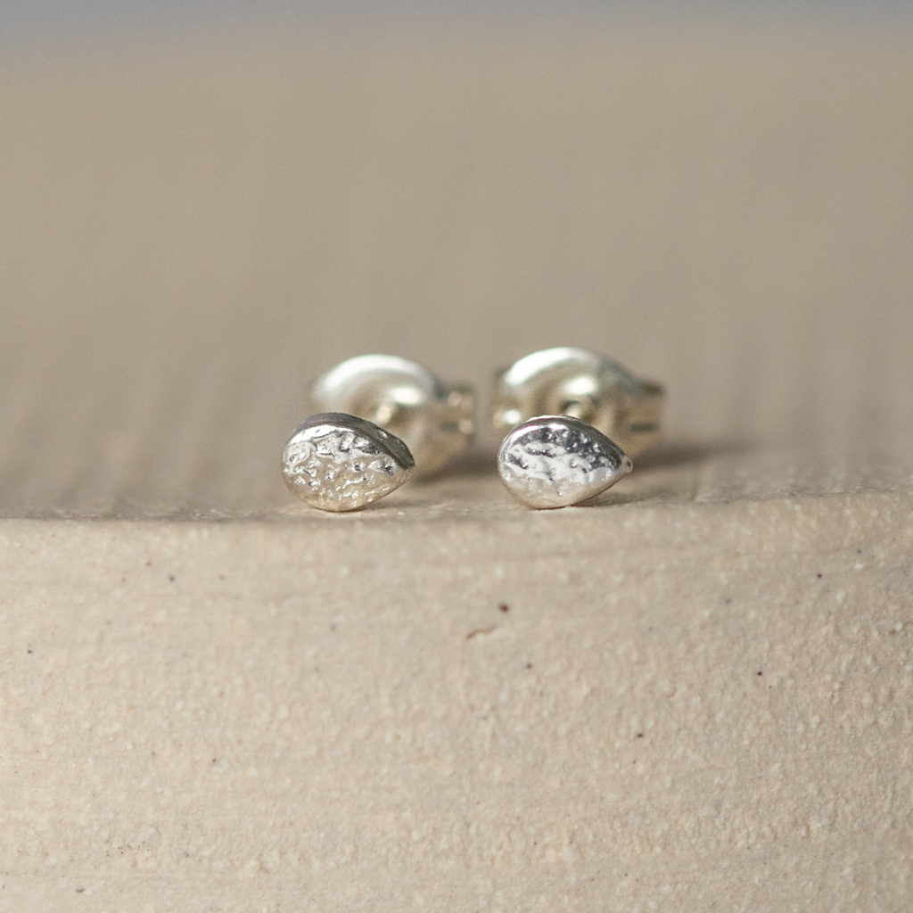 handmade sterling silver mini textured teardrop studs by Lucy Kemp Jewellery