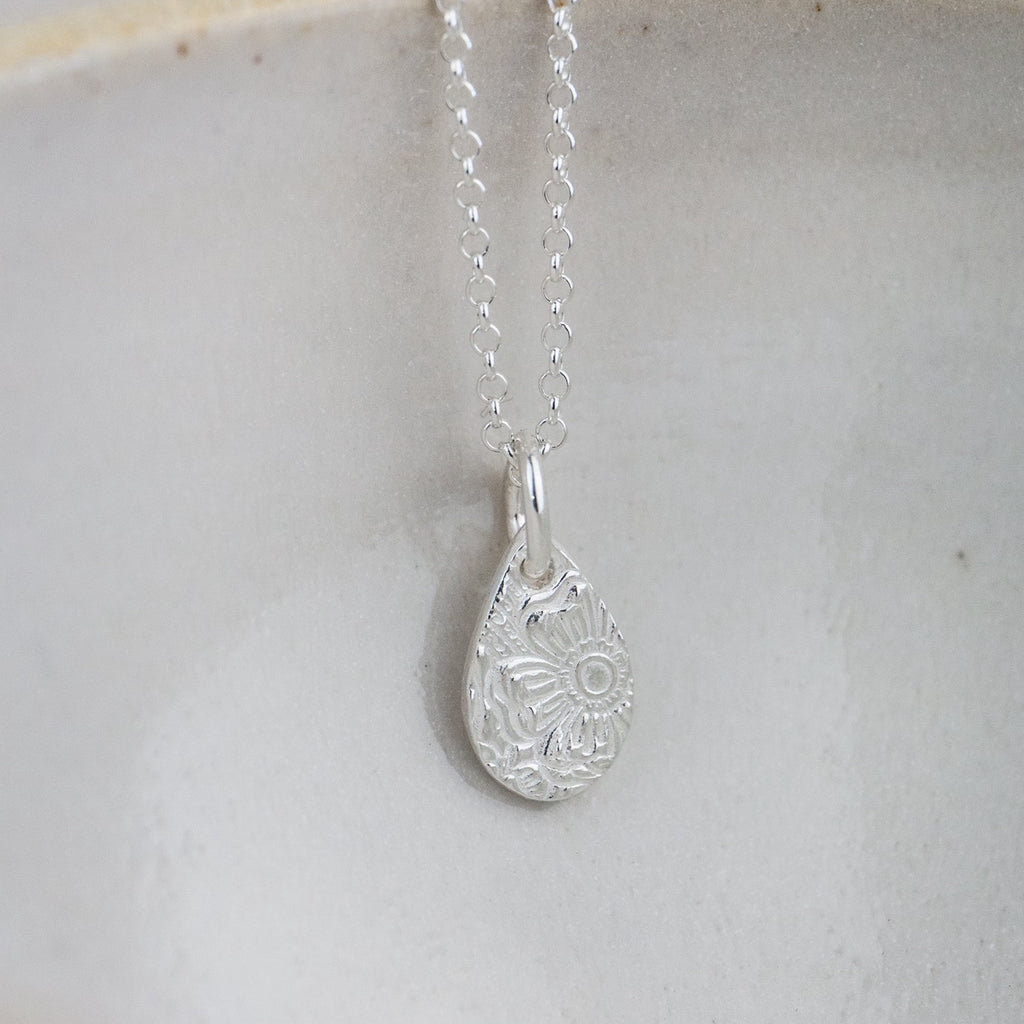 Sterling silver small textured teardrop pendant by Lucy Kemp Jewellery 