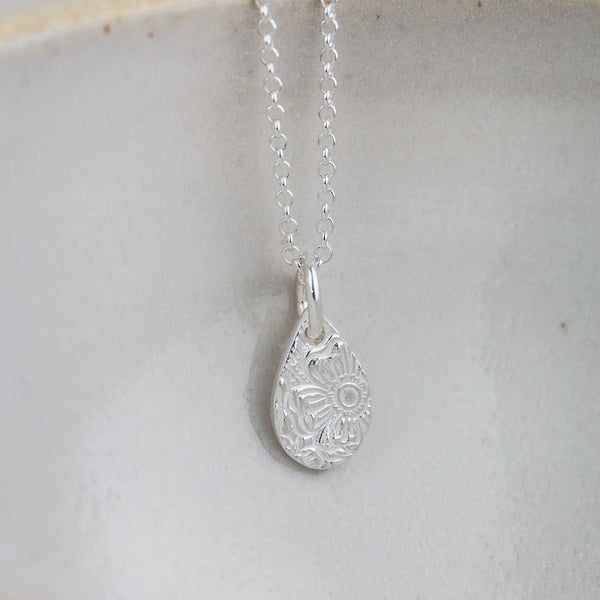 Sterling silver small textured teardrop pendant by Lucy Kemp Jewellery 