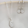 Sterling silver small textured teardrop pendant and earrings set by Lucy Kemp Jewellery