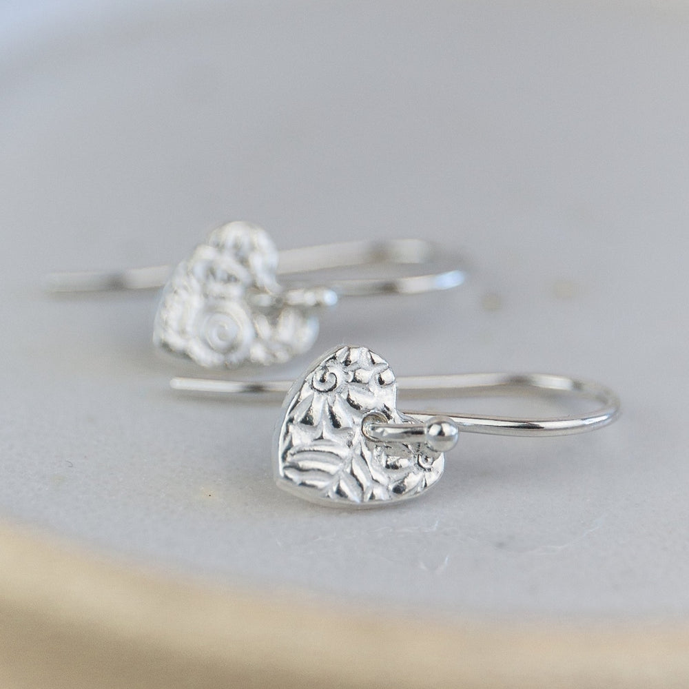 Sterling silver mini textured heart earrings by Lucy Kemp Jewellery 