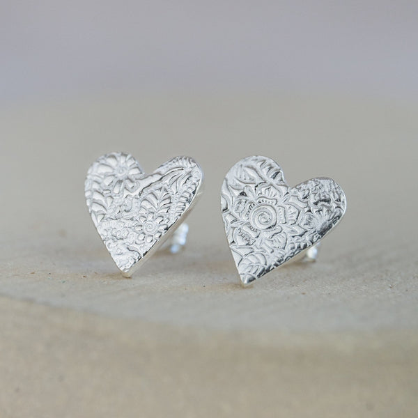 Sterling silver textured heart studs by Lucy Kemp jewellery