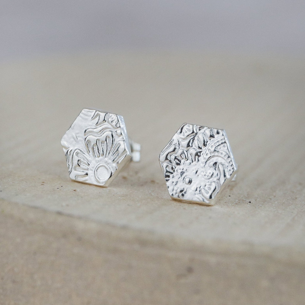 Sterling silver textured hexagon studs by Lucy kemp jewellery 