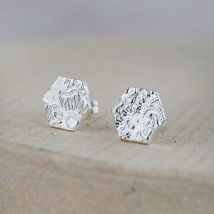 
                  
                    Sterling silver textured hexagon studs by Lucy kemp jewellery 
                  
                