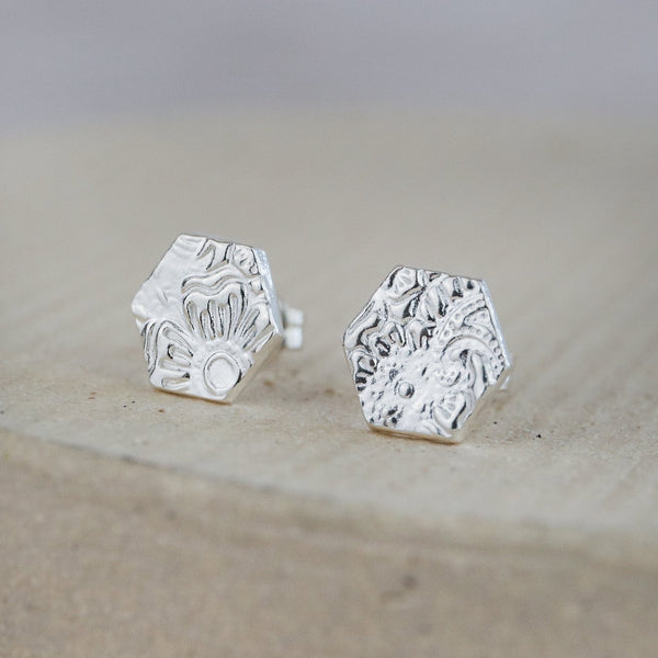 Sterling silver textured hexagon studs by Lucy kemp jewellery 