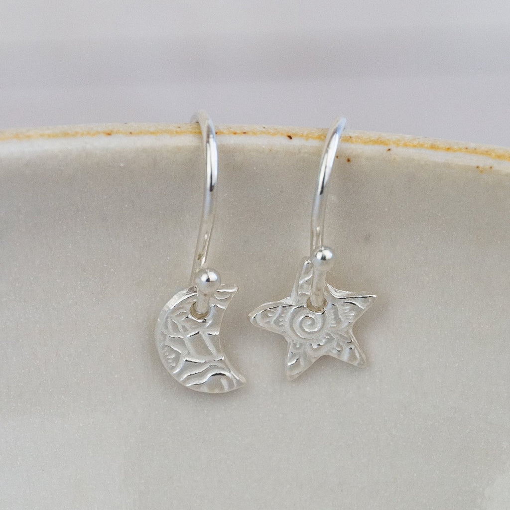 sterling silver mini textured mini mismatch earrings handmade by Lucy Kemp Jewellery 