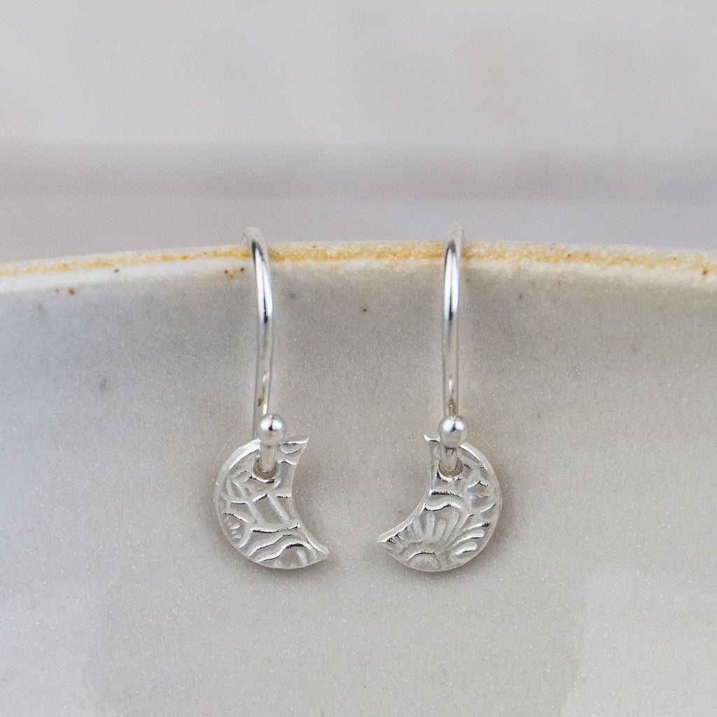 sterling silver mini textured moon earrings by Lucy Kemp Jewellery