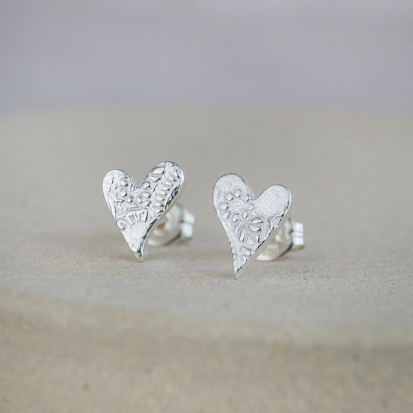 sterling silver textured tilted heart studs by Lucy Kemp Jewellery 