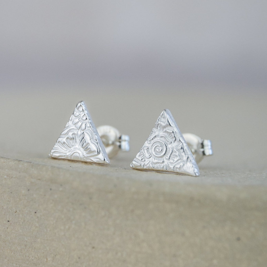 sterling silver textured triangle studs by Lucy Kemp Jewellery 