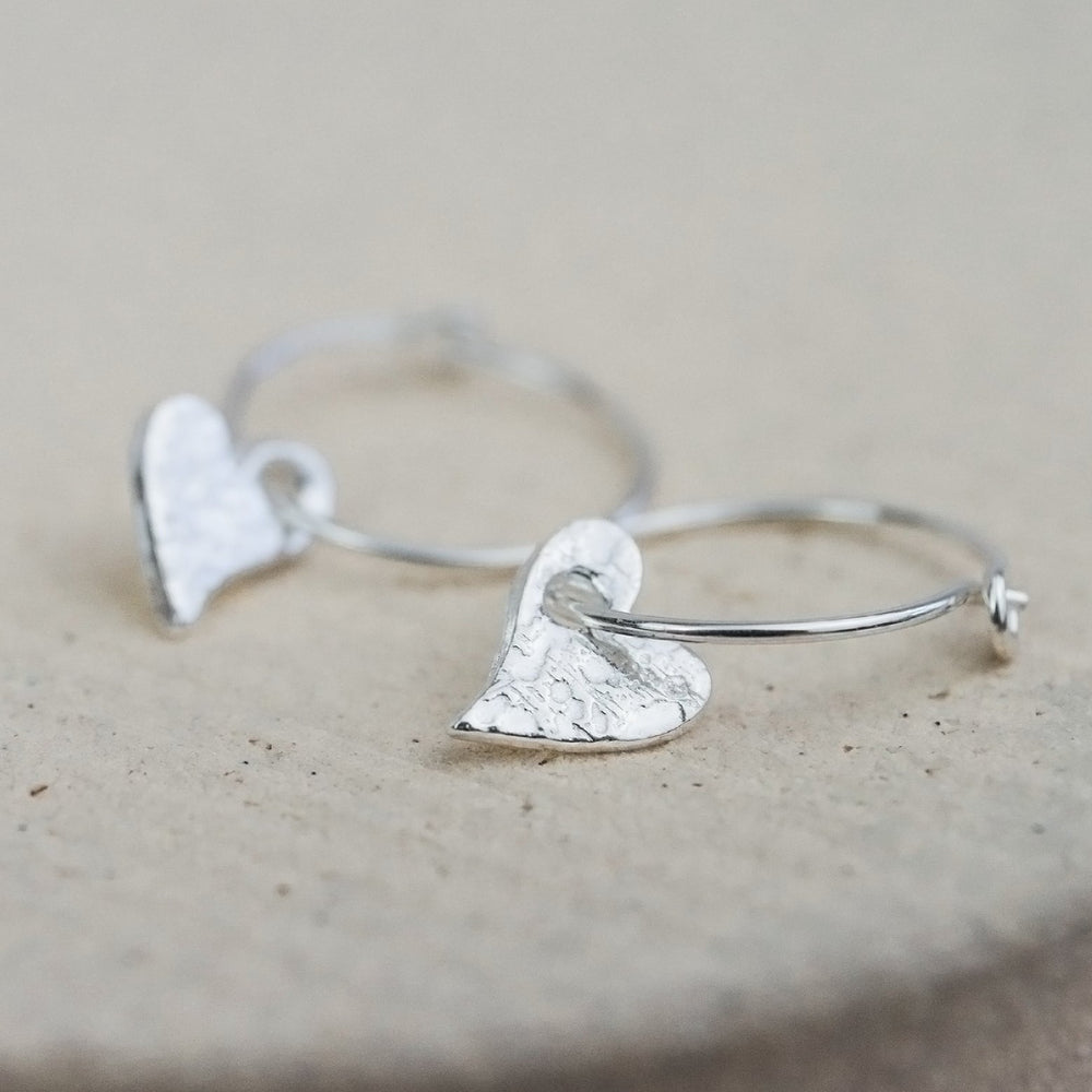 handmade sterling silver textured tilted heart charm classic wire hoops
