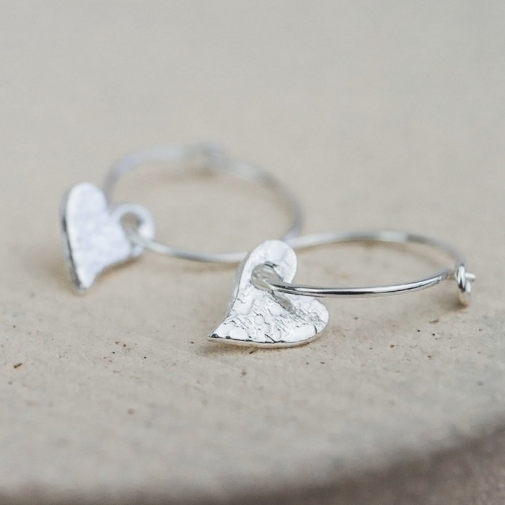 handmade sterling silver textured tilted heart charm classic wire hoops