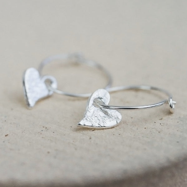 handmade sterling silver textured tilted heart charm classic wire hoops