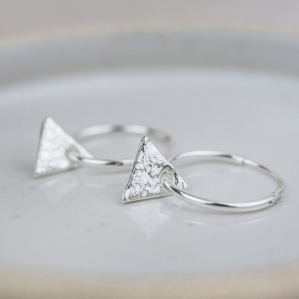 handmade sterling silver textured triangle charm sleeper hoops