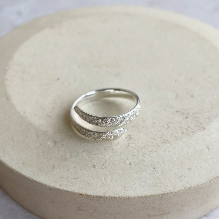 recycled sterling silver lace wrap around adjustable thumb ring handmade by Lucy Kemp Jewellery